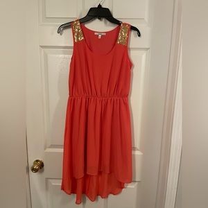 Coral Orange & Gold High Low Dress. Size Small.
